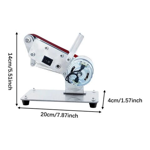 Compact Electric Mini Belt Sander Bench Polisher With Adjustable Speed For Metal Woodwork, 20 x 14 x 4 cm size, stainless steel base.