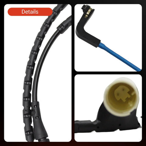 Powkos BMW brake pad wear sensor kit; collage showing cable, blue connector, and beige plug ends
