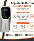 Road Ready Portable EV Charger Providing Zero Hassle Level One And Two Charging At 16 Amps features adjustable current and delay timer display.