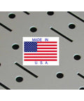 Made in USA label on Heavy Duty Standard Workbench Metal Pegboard Tool Organizer in White and Black with magnetic panels.