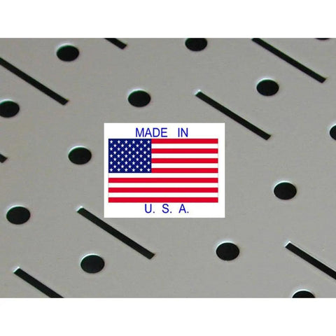 Made in USA label on Heavy Duty Standard Workbench Metal Pegboard Tool Organizer in White and Black with magnetic panels.