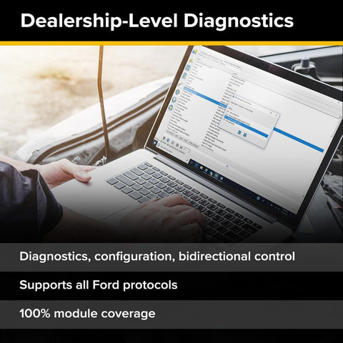 Laptop displaying diagnostics next to car engine, showcasing ForScan Ready OBD Adapter With Ford Diagnostics And CAN Bus Access Pro Grade