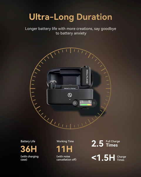 Lark Max 2 Wireless Microphone System for iPhone and Cameras with AI Noise Cancel, showing charging case and battery life details.