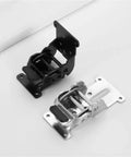 Front view of two 180-degree folding table hinge assemblies in black and silver metal with mounting plates and screws.
