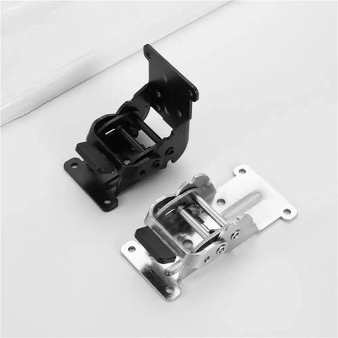Front view of two 180-degree folding table hinge assemblies in black and silver metal with mounting plates and screws.