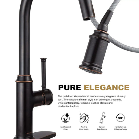 Oil Rubbed Bronze Pull Down Kitchen Faucet With Sprayer, Sleek Single Handle Design, Fits 1 Or 3 Hole Sinks, Modern Bronze Faucet