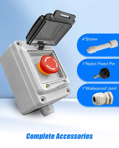 Emergency Stop Push Button Switch Box With Red Momentary Button And IP67 Waterproof Cover, 660V 10A Rated, with accessories shown