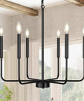 Black Farmhouse Six Light Pendant Chandelier For Dining Room Rustic Matte Black Ceiling Light Fixture for natural wood-beam ceiling
