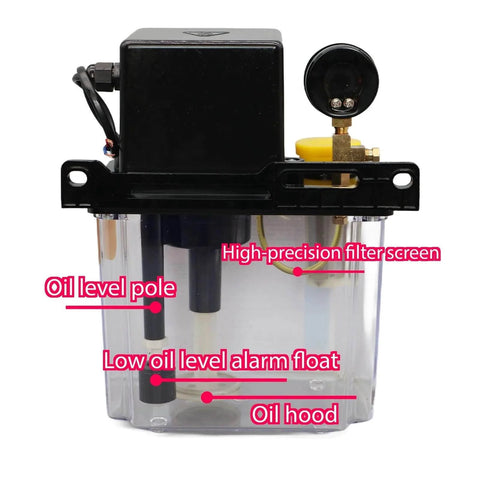Front view of Automatic CNC Lubrication Pump System Kit, 1L capacity, with oil level pole, filter screen, and alarm float.