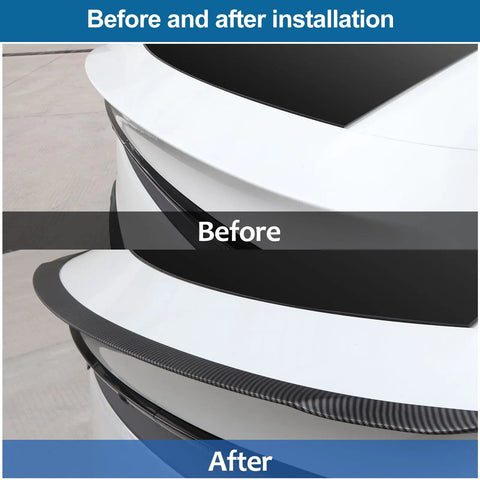 Drop In Badass Aero Upgrade For The Tesla Model Y Juniper Rear Spoiler Trunk Lip Tail Wing No Drill Hassle Seamless Factory Fit before and after installation contrasting view.