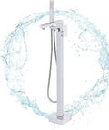 Freestanding Tub Filler With Floor Mount Base And Square Handheld Shower Single Handle Faucet In Chrome Finish 360 Degree Swivel Spout