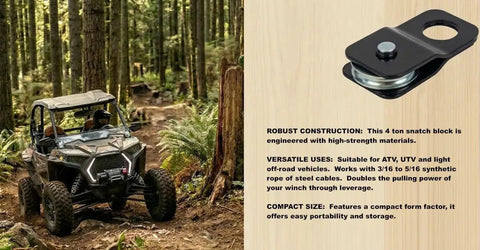 Beefy 4 Ton ATV And UTV Snatch Block For Winches, Doubles Your Winch Power, Heavy Duty 8,000 Pounds Capacity, Fits Polaris Honda Can Am ATVs And UTVs, Side By Side Accessories For Trail And Worksite, compact black snatch block