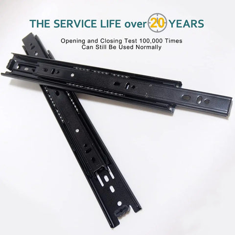 12 Inch Full Extension Drawer Slides With Ball Bearings, heavy duty black side-mounted slides, durability test text, 100 lb load capacity