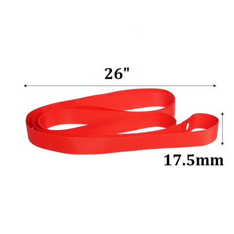 Red 26-inch rim tape, 17.5mm wide, for Two Pack 26 Inch Bicycle Rim Tape Rim Strip Eighteen Millimeter Wide High Pressure Puncture Resistant Inner Tube Protection Pad Elastic PVC Wheel Liner For Mountain And Road Bikes Tubeless Ready.