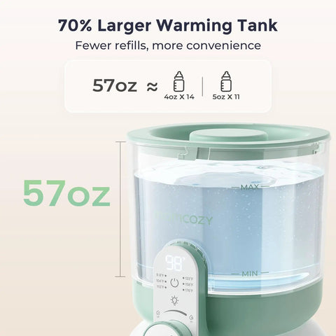 Portable Instant Water Warmer For Baby Formula With Adjustable Temperature Settings And Quick Heating Technology That Is A Legit Game Changer For On The Go Parents Who Want Seamless Bottle Prep Daily showing a 57oz warming tank with temperature display.