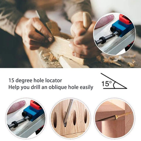 Carpentry Locator Jig For 15 Degree Dowel Drilling Kit With 6 8 And 10mm Drive Adapters in use for precise woodworking joinery