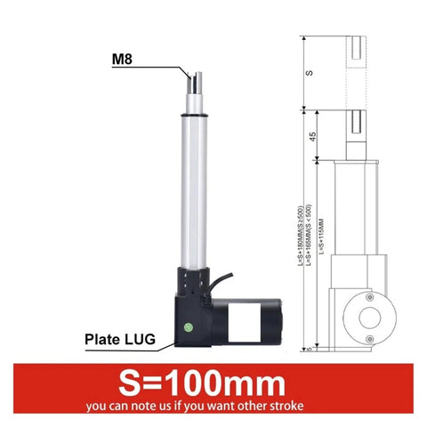 Beefy Electric Linear Actuator 100mm Stroke, 6000N High-Force, dual voltage design, with position feedback and end mount illustration