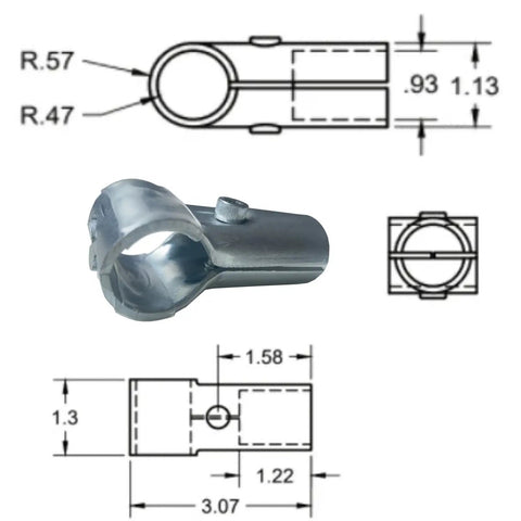 Technical diagram and close-up of Six Pack End Rail Clamps For Three Quarter Inch EMT Conduit Galvanized Stainless Steel T Clamps