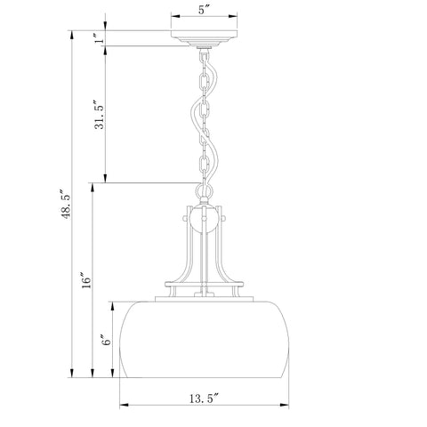 Line drawing of Dope Matte Black Pendant Light With Glass Shade, showcasing dimensions and chain mount details.
