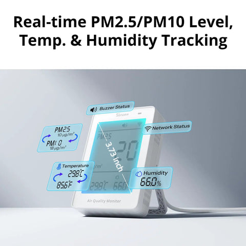 Smart Indoor Air Quality Monitor With PM2.5 PM10 Temperature And Humidity Sensor Real Time Display And Alerts Matter Compatible 2.4GHz WiFi 3.73 Inch Screen Ideal For Bedroom And Nursery, white