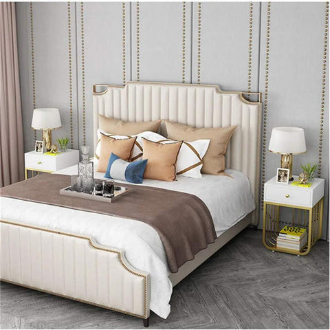 Tough As Nails Metal Frame Nightstand With One Smooth Gliding Drawer And Flat Wipe Clean Top next to a bed in a modern bedroom.
