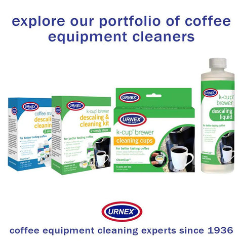 Urnex coffee machine cleaning products including descaling kit, cleaning cups, and liquid for better tasting coffee.