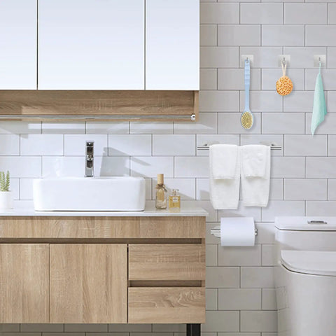 Self Adhesive Bathroom Hardware Set With 16 Inch Towel Bar Toilet Paper Holder And 3 Towel Hooks SUS304 Stainless Steel Wall Mount No Drill Stick On Kit For Easy Install Durable Rustproof Finish in a modern white tiled bathroom