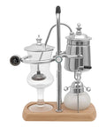 Slick Vintage Balance Syphon Coffee Maker Set Featuring Heavy Duty Stainless Steel And Borosilicate Glass Vacuum Brewing System.