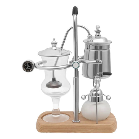 Slick Vintage Balance Syphon Coffee Maker Set Featuring Heavy Duty Stainless Steel And Borosilicate Glass Vacuum Brewing System.