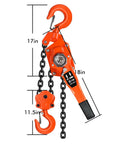 Front view of 6 Ton Manual Lever Chain Hoist With 10 Foot Lift And 2 Hooks G80 chain, orange, with measurement details.