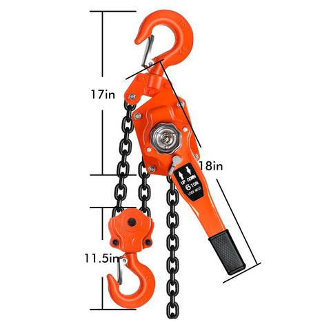 Front view of 6 Ton Manual Lever Chain Hoist With 10 Foot Lift And 2 Hooks G80 chain, orange, with measurement details.