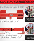 Heavy Duty Cargo Door Lock For Shipping Containers And Semi Trailers Powder Coated Steel Security Fits Vertical Door Bars 9 To 16 Inches Keyed Differently Durable Semi Truck Storage Lock displayed with dimensions.