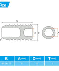 Built Tough M12 Nylon Tip Grub Screws Five Pack Heavy Duty Hex Socket Cap Set Screws dimensions drawing with sizing details.