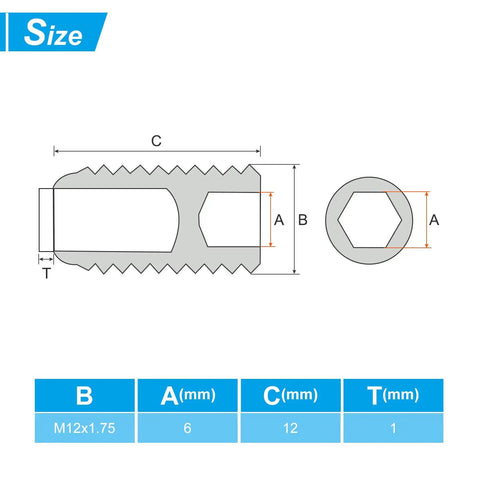 Built Tough M12 Nylon Tip Grub Screws Five Pack Heavy Duty Hex Socket Cap Set Screws dimensions drawing with sizing details.