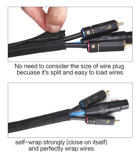 Hands applying 25 Foot 1.25 Inch Cord Protector Wire Loom Tubing Cable Sleeve Split Sleeving for USB Power HDMI Cables.