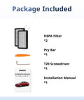 Package contents for Tesla Model 3 And Y HEPA Cabin Air Filter 2 Pack PM25 with filters, pry bar, T20 screwdriver, and manual
