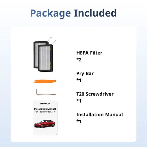 Package contents for Tesla Model 3 And Y HEPA Cabin Air Filter 2 Pack PM25 with filters, pry bar, T20 screwdriver, and manual