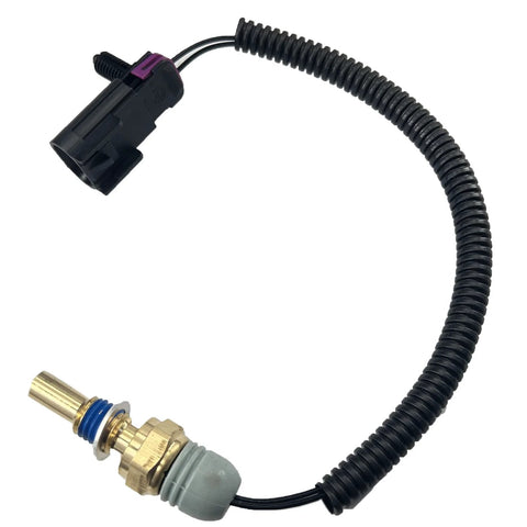 FainWan radiator coolant temperature sensor with pigtail; brass sensor, blue O-ring, connector, black corrugated sleeve.