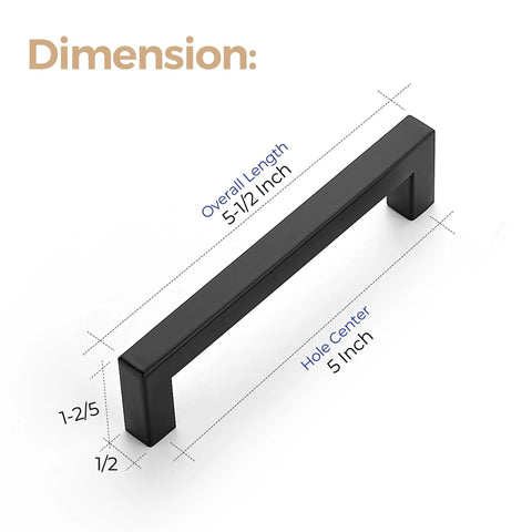 Dimensions of 30 Pack 5 Inch Kitchen Square Cabinet Handles Matte Black Pulls for Cabinets with 5 inch center spacing