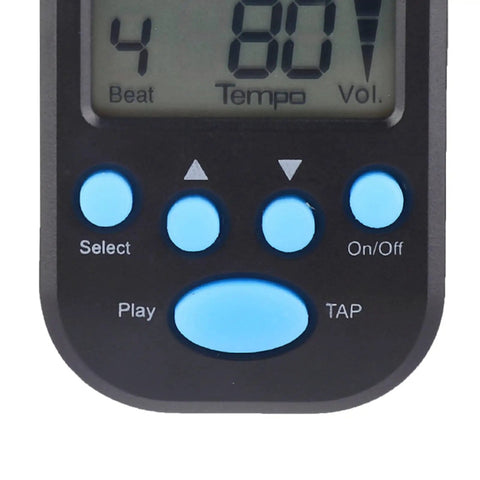 Close-up of Mini LCD Digital Metronome With Tap Tempo And Headphone Jack Portable Practice Tool buttons and display