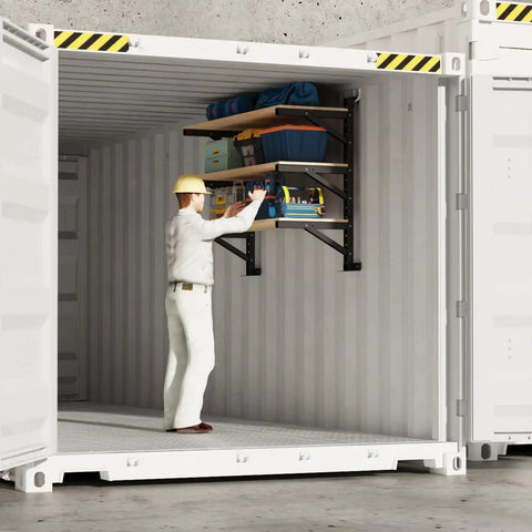 Heavy Duty Container Hanging Shelves 2 Pack No Drill Vertical Storage Racks For Building Materials And Workshop Tools Reinforced Steel Rack System. Worker using mounted shelves in container.