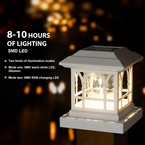 Solar Powered Outdoor Fence Lights RGB and Warm White for 3.6x3.6 to 5x5 Deck Posts, IP65 Waterproof, glowing on deck post