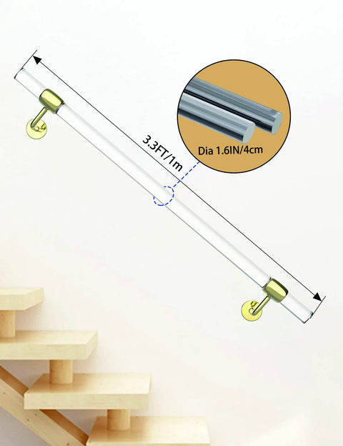 Pair Of Slick Clear Acrylic Interior Stair Handrails Mounted To Rust Proof Gold Brackets Heavy Duty Safety Grab Bars Anti Skid Top Shelf Quality For Modern Home Reno, 3.3FT length, 1.6IN diameter, on stairway.