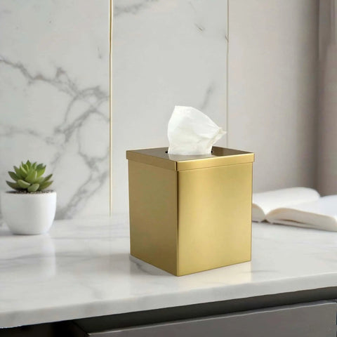 Gold Plated Tissue Box Cover Holder, Square Luxury Tissue Box Holder For Bathroom Vanity Office Bedroom Living Room on marble countertop