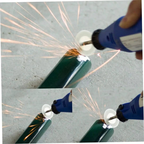Ten Piece Diamond Cutting Discs Set For Rotary Tools cutting green rod with sparks visible, showcasing ultrafine blades in action.