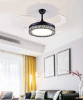 Modern LED Ceiling Fan With Remote Control Featuring Smooth Silent Spin And Retractable Blades For Bedroom Or Living Room Super Sleek Gold Finish Provides Soft Flicker Free Lighting That Is An Absolute Breeze To Operate Indoors in a stylish living room setting.