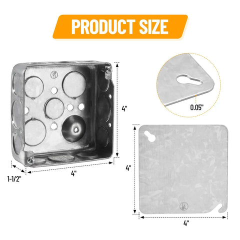Four Inch Square Electrical Box With Cover, One And A Half Inch Deep Metal Junction Box, 21 Cu In Capacity, Galvanized Steel, 16 Knockouts