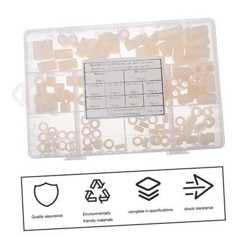 Nylon Round Spacer Nut Kit 150 Pcs Insulated Washers With Labeled Storage Case shown in open case with compartments.