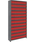 Battle Tested Closed Metal Shelving Unit With 108 Super Tuff Drawers No Nonsense Workshop Organizers storage rack with red drawers.