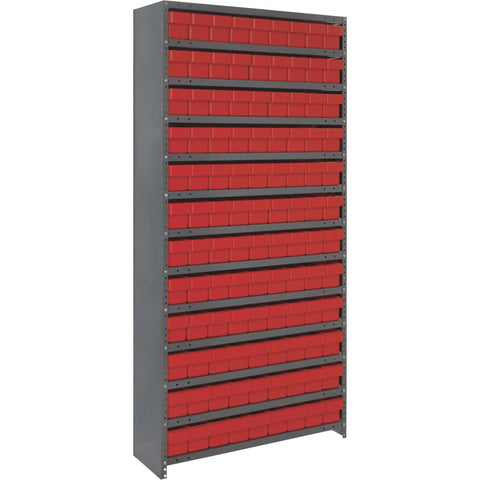 Battle Tested Closed Metal Shelving Unit With 108 Super Tuff Drawers No Nonsense Workshop Organizers Dust Free Storage Rack 400 Lb Capacity Per Shelf, featuring red plastic drawers.